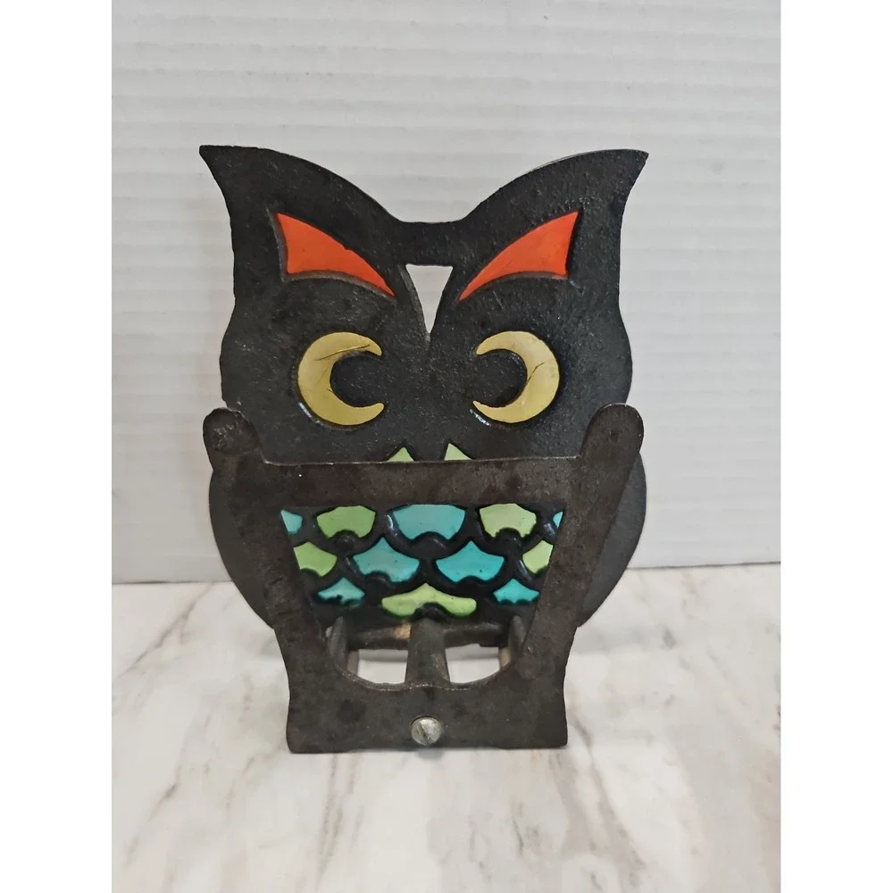 Vintage Owl 1960s-70s Stained Glass Cast Iron Napkin Holder Retro 5.5